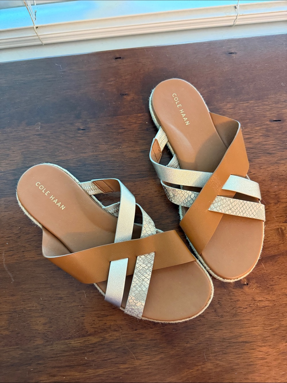 Cole Haan Tan and Metallic Cross-Strap Slide Sandals, size 6